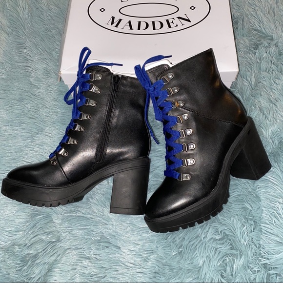 New Steve Madden Black Leather Royce Combat Boots - Picture 4 of 8